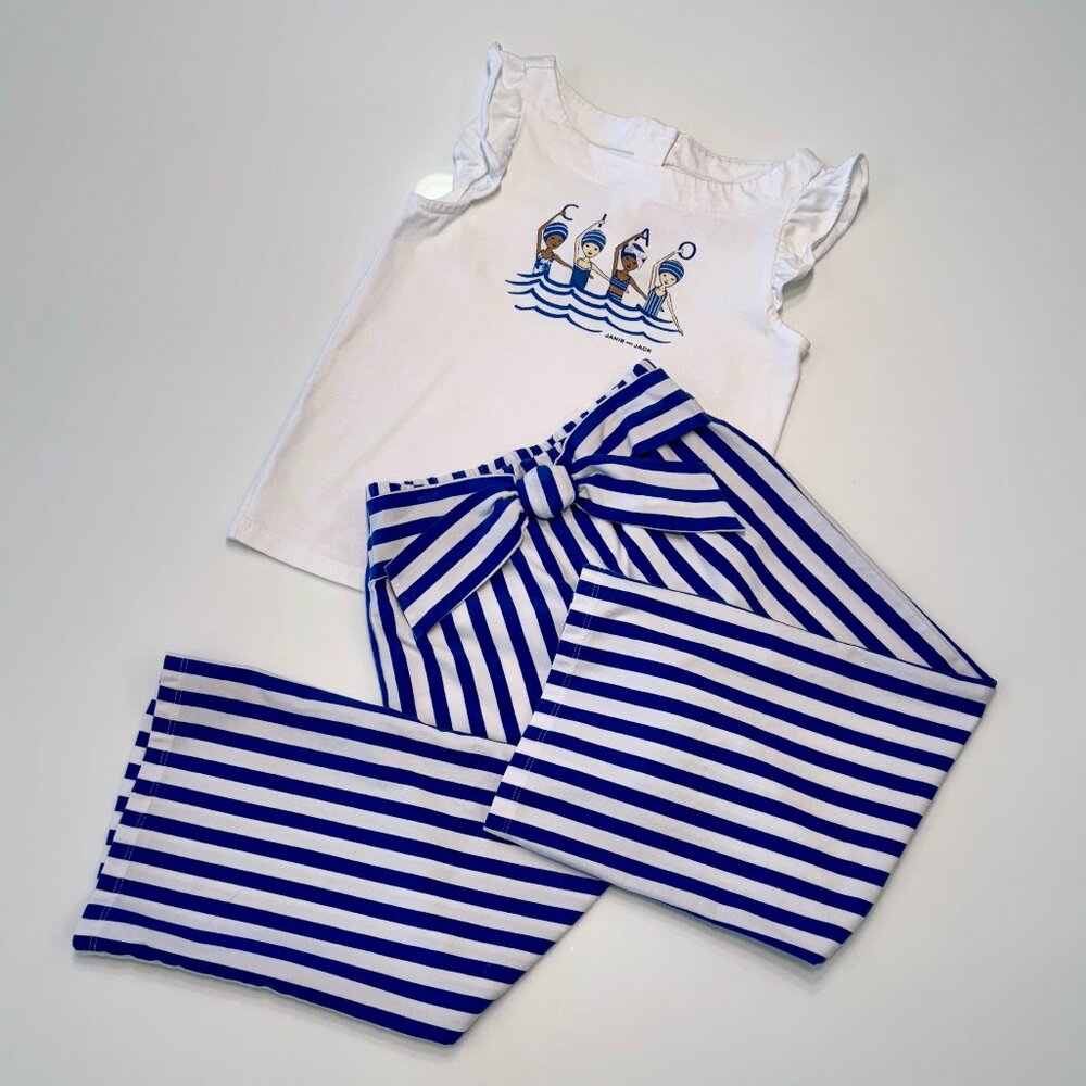 Janie and Jack White Tank with Blue Striped Bow Pants Kids Matching Set